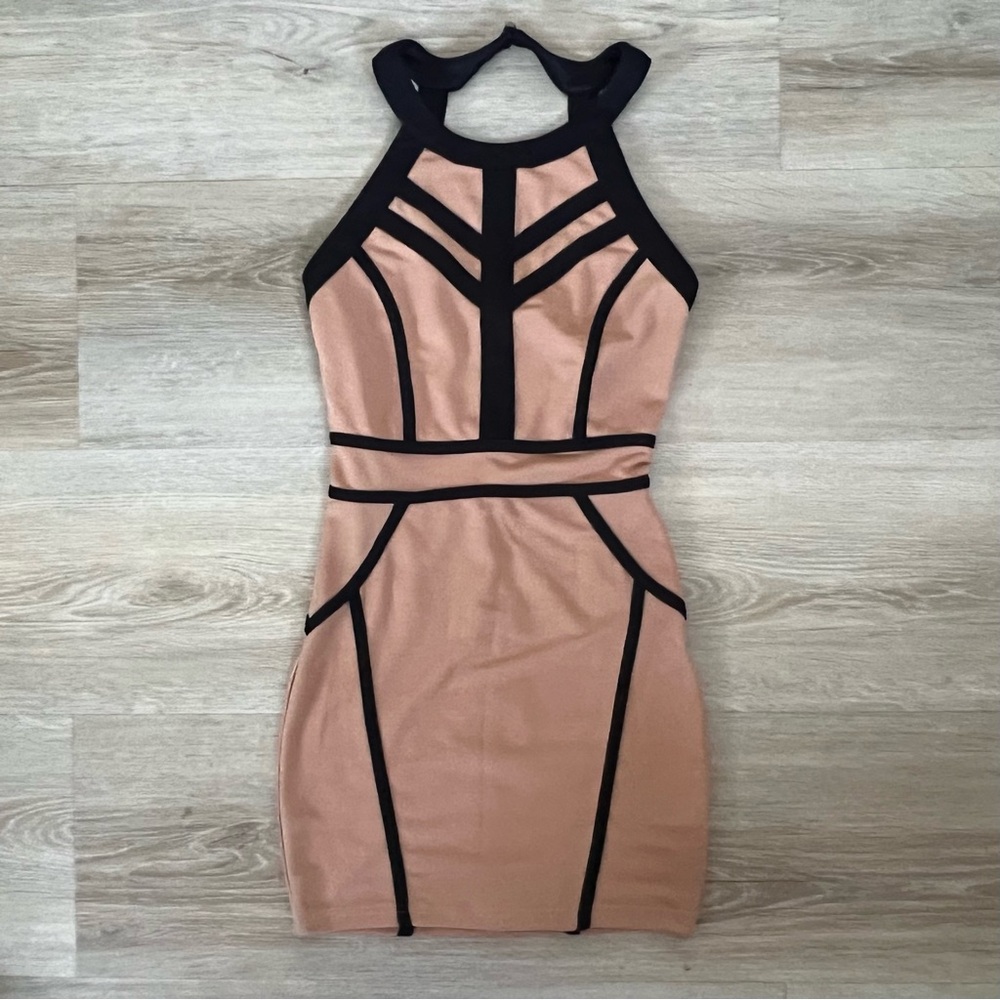 Elegant Black and Tan Halter Dress